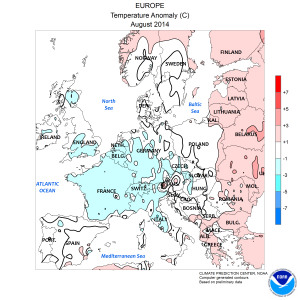 Anomalies de températures pour l'Europe (source : NOAA)