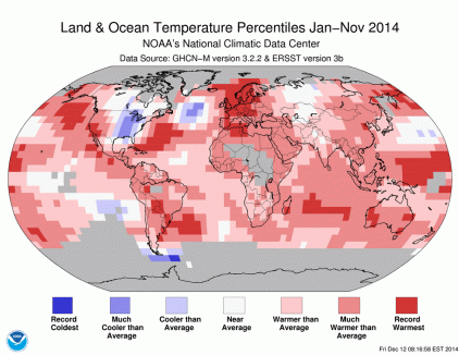 Anomalies de températures sur la période janvier-novembre 2014 (source : NOAA)