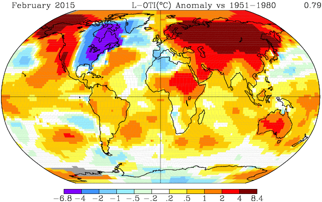 Anomalies de températures pour février 2015 (Source Gistemp - NASA)