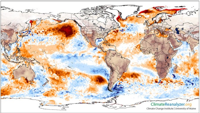 Anomalies de températures pour le 16 janvier 2014 : fort réchauffement des eaux dans le Golfe d'Alaska (Source : Climate Reanalyzer (http://cci-reanalyzer.org), Climate Change Institute, University of Maine, USA)