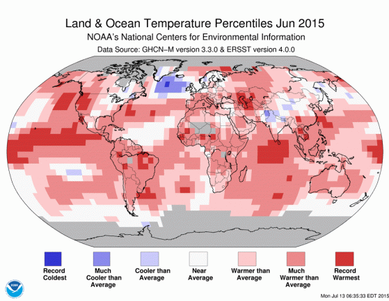 Anomalies de températures à la surface des mers et des terres en juin 2015 (Source : NOAA)