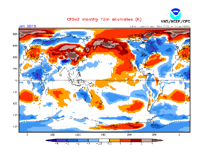 Anomalies de températures entre janvier et décembre 2015 (source : NOAA)