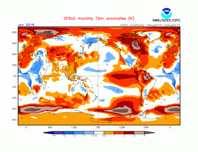 Prévisions d'anomalies de températures du modèle NCEP CFSv2 pour le mois de Janvier 2016 (source : NOAA)