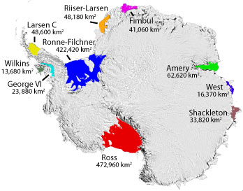 Carte des principales plateformes de glace de l'Antarctique (Filchner-Ronne en bleu). Source : NSIDC, Ted Scambos