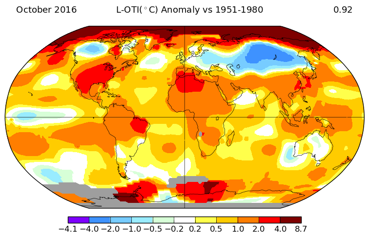 Anomalies de température pour le mois d'octobre 2016. Source : NASA GISS.