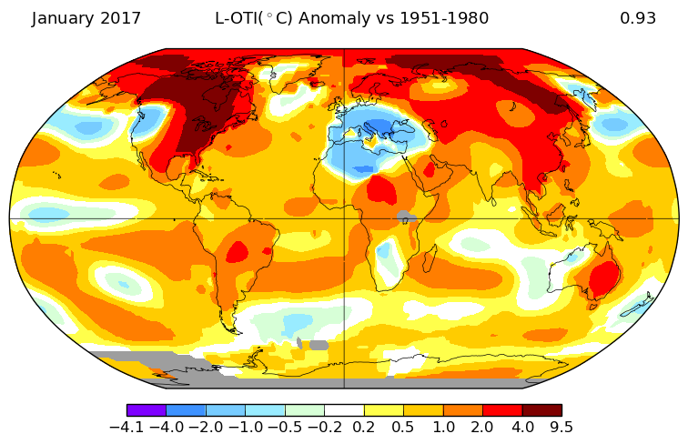 Anomalies de température pour le mois de janvier 2017. Source : NASA GISS. 