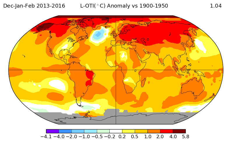 Anomalies de températures en hiver 2013 et 2016 (par rapport à la période 1900-1950) : on voit une zone froide au sud du Groenland. Source : NASA GISS.