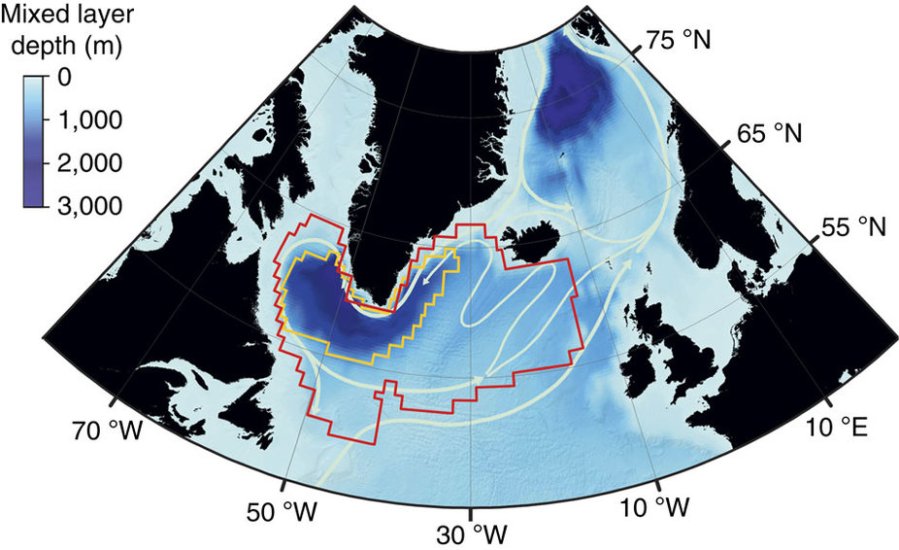 Représentation schématique de la circulation dans la mer du Labrador, au cœur du gyre subpolaire schématisé par le contour rouge. Crédit : Giovanni Sgubin – EPOC.